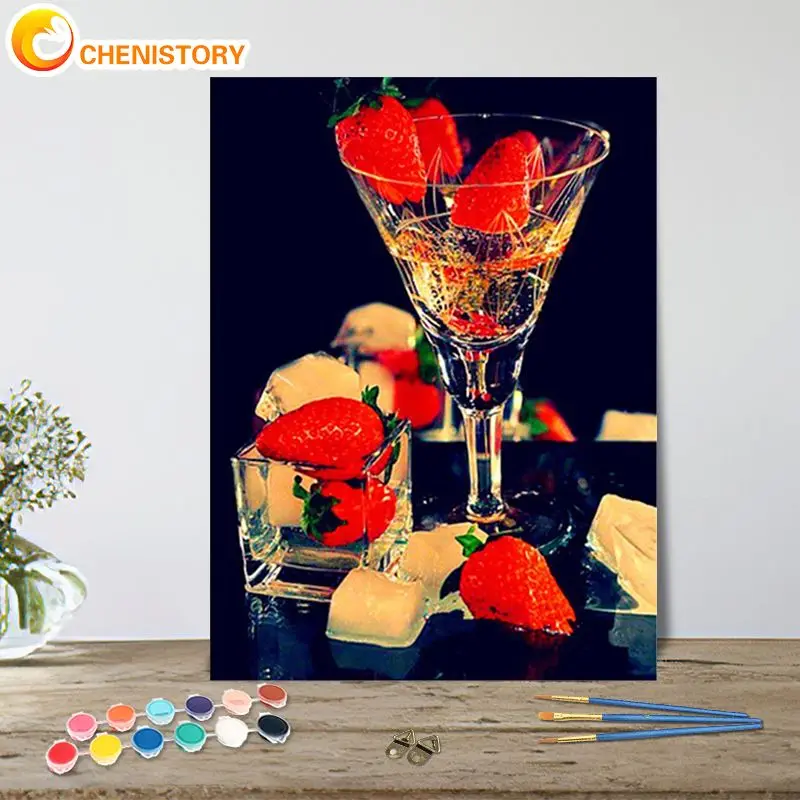 

CHENISTORY Frameless Diy Painting By Numbers Strawberry Wine Glass Picture Paint By Numbers Handpainted Oil Painting For Home De