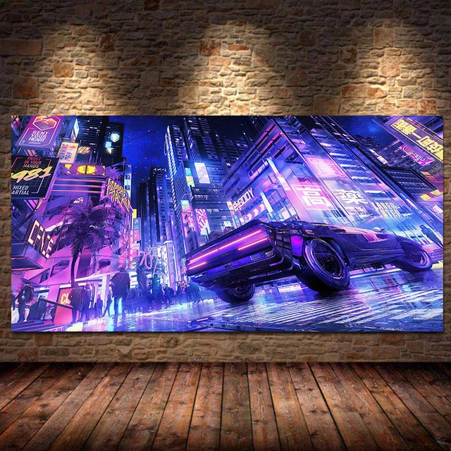 Транспортное средство Мопед и автомобильные постеры принты Future City фиолетовая