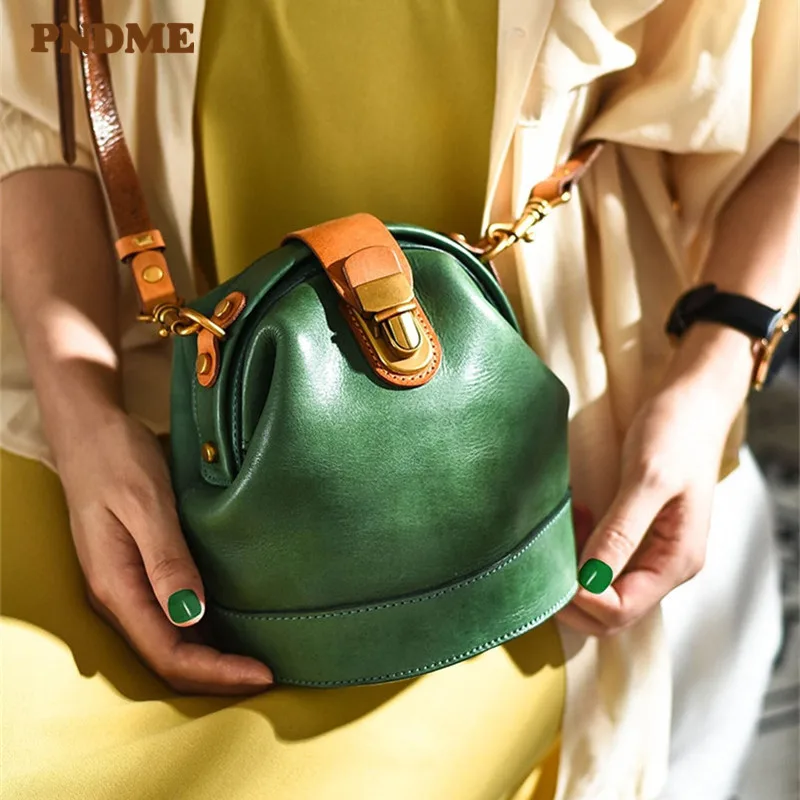 

PNDME fashion design genuine leather ladies small buckle bucket bag weekend party natural cowhide cute messenger bag for women