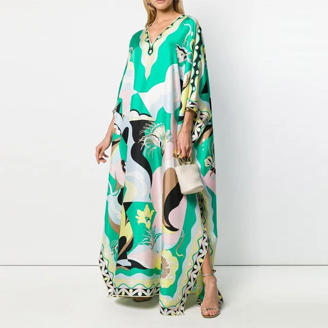 

2021 New Vintage Floral Printed Summer Beach Dresses Women Sexy V-neck Split Long Party Dress Spring 3/4 Sleeve Loose Maxi Dress
