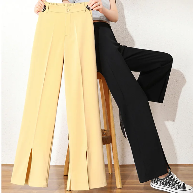 

Women suit Pants Korean Streetwear Sexy High Waist Trousers Split Black Bell Bottom Wide Leg pants Fashion Spring Autumn 2021