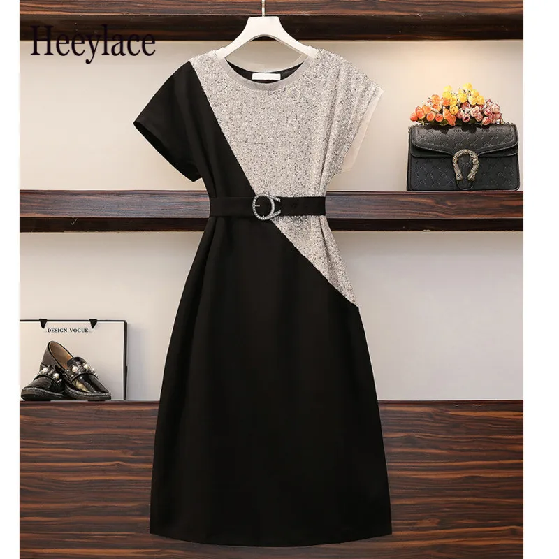 

Размера плюс 5XL офисное элегантное платье-рубашка с коротким рукавом с круглым вырезом черного цвета с блестками Лоскутная работа вечерние ...