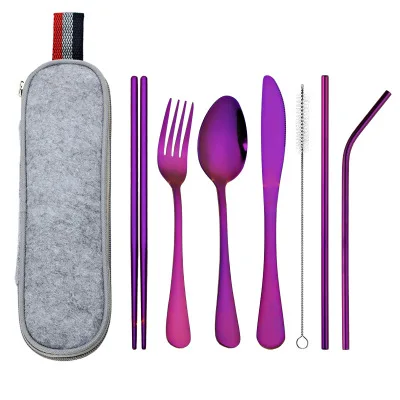 purple 8 шт красочные столовые приборы многоразовый набор столовых приборов для путешествий, офиса, реквизит, ложка из нержавеющей стали, вилка, палочки для еды, портативная упаковка - Цвет: purple