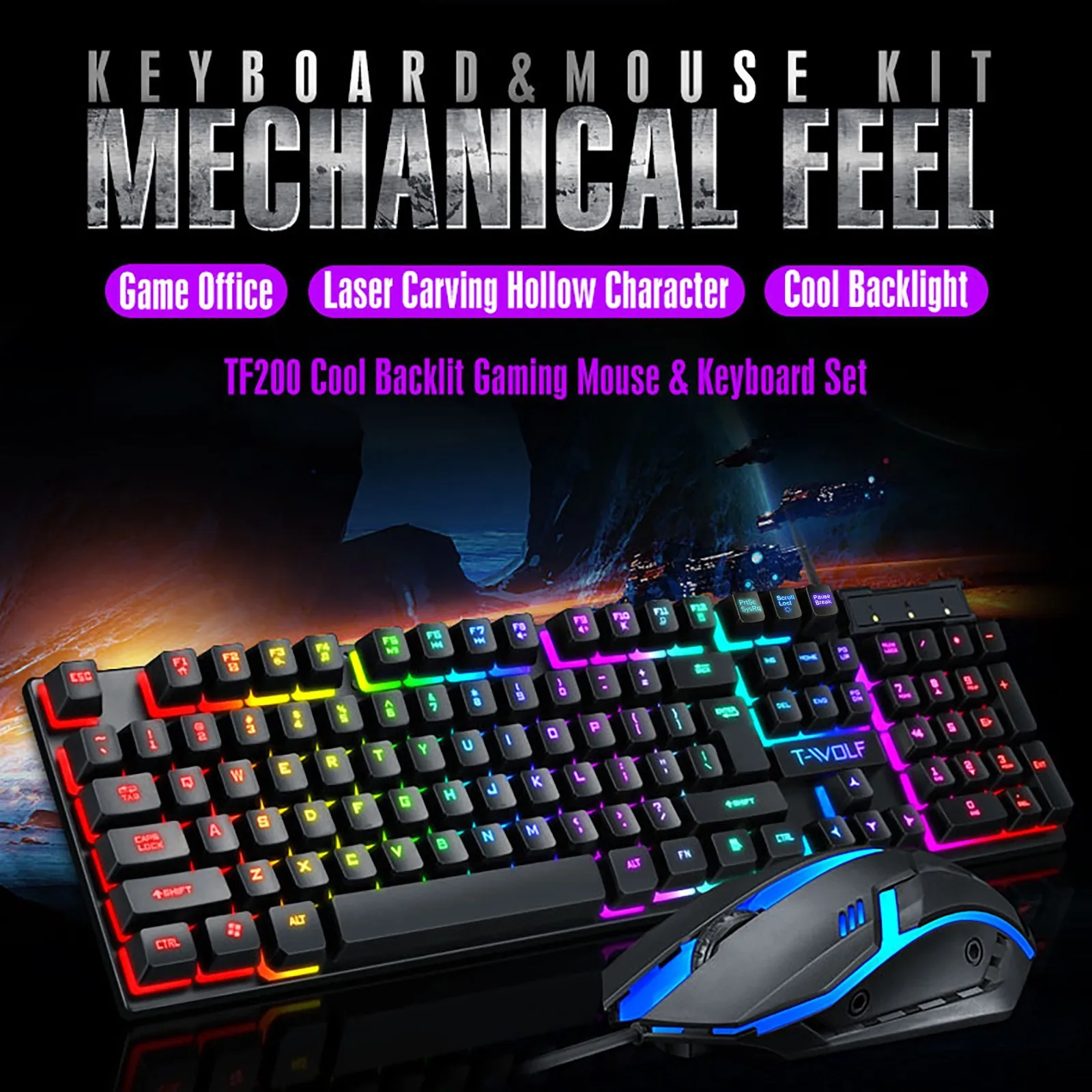 

NSSD Keyboard Mouse Combo TF200 Rainbow Backlight USB Ergonomic Gaming Keyboard And Mouse Set For Laptop Keyboard And Mouse Set