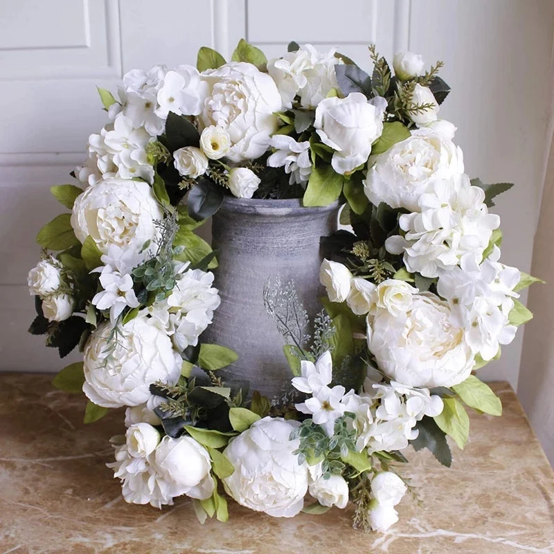 

Artificial Garlands Front Door Wreaths Artificial White Peony Hanging Wreath for Home Party Indoor Outdoor Window Wall