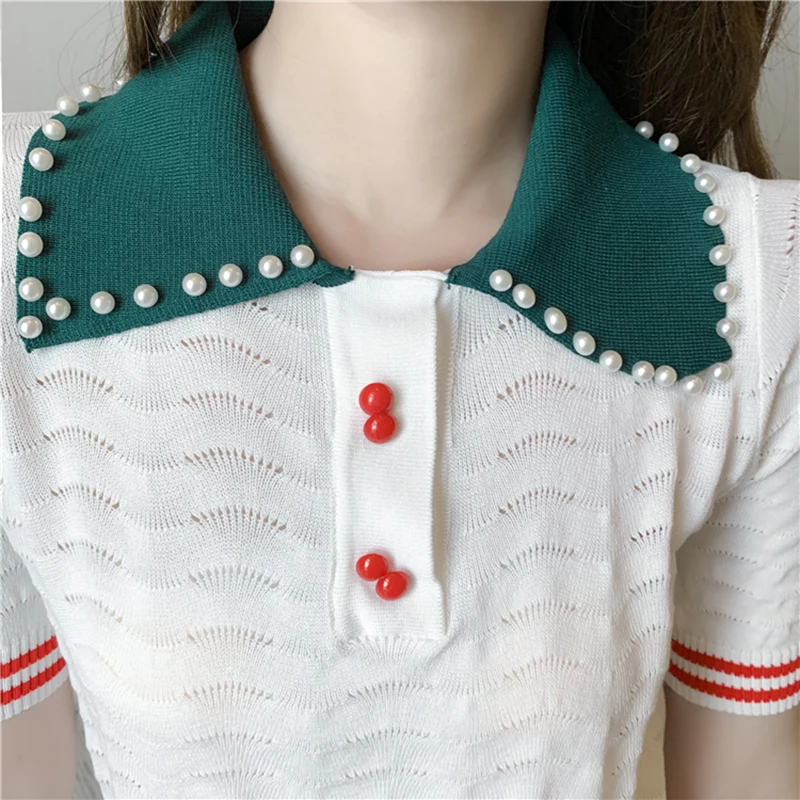 

Lucyever Korean Chic Women Knitted T Shirts Fashion Pearl Peter Pan Collar Short Sleeved Tees White Elegant Slim Fit Woman Tops