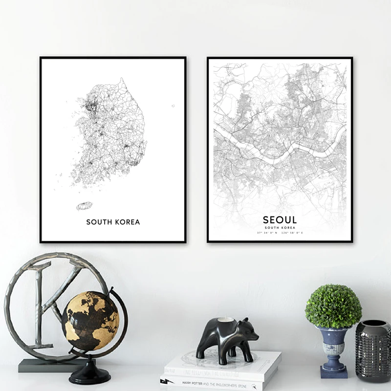 Черно-белый плакат с картой Южной Кореи Художественная печать уличная Дорожная