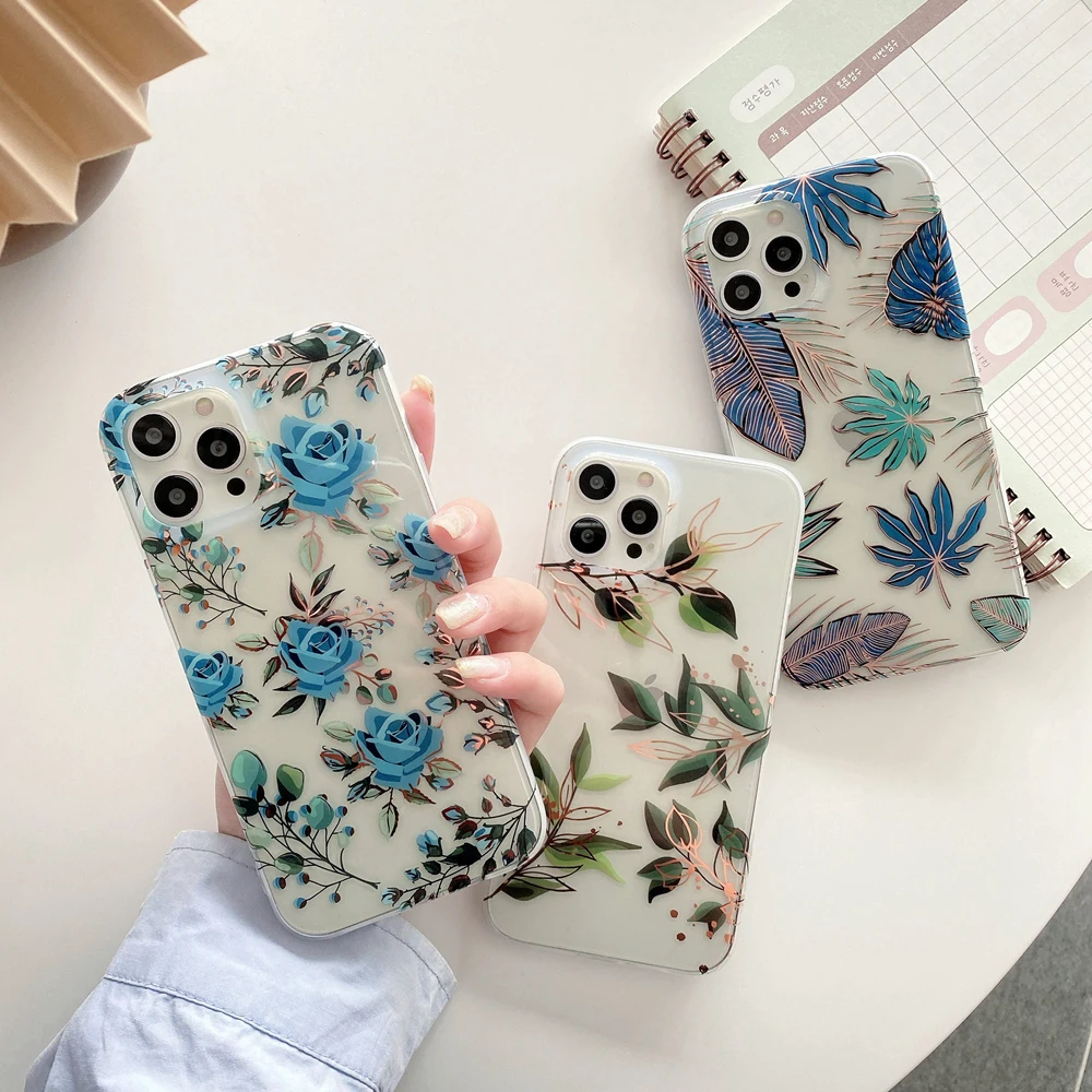 

Fashion Plating Leaf Blue Rose Floral Case for iPhone 13 12 11 Pro Max X Xs Max XR 7 8 Plus Protective Clear Glossy Back Cover