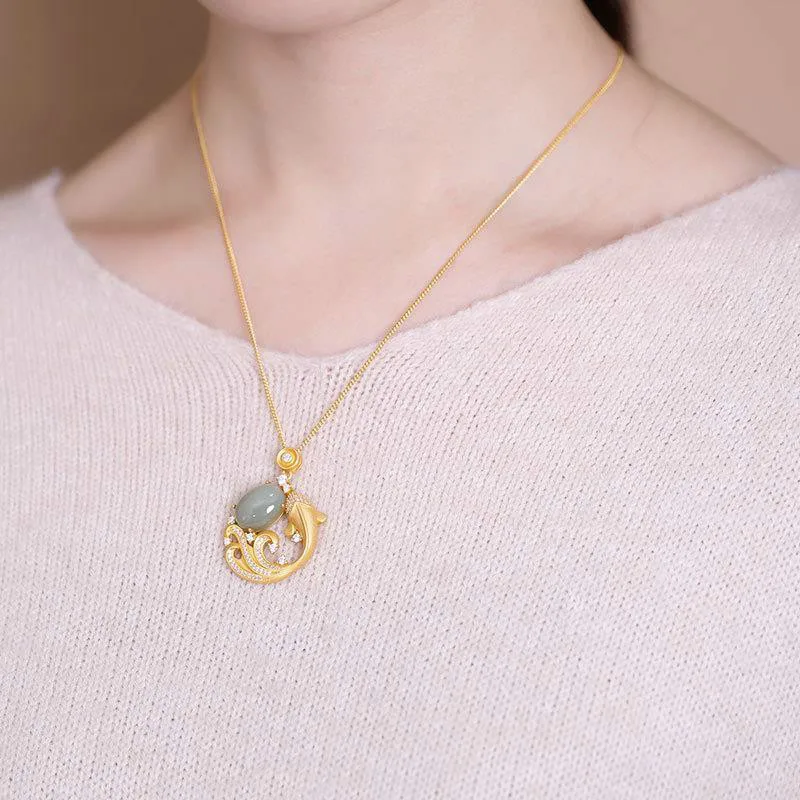 

Retro Style Carp 925 Silver Hetian jade Personality Women's Style Ancient Method Pendant National Style Ancient Style Necklace