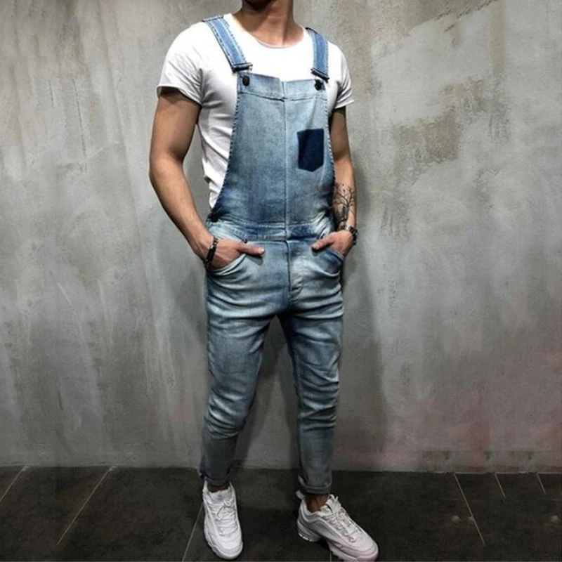Летний джинсовый комбинезон мужской модный потертый уличный рваные джинсы