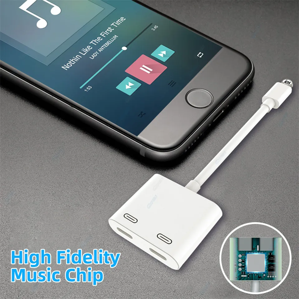 2in1 Dual Jack Charge Audio Adapter For Lightning to Headphone Splitter Audio Converter Cable Support Music/Phone Call/Charging