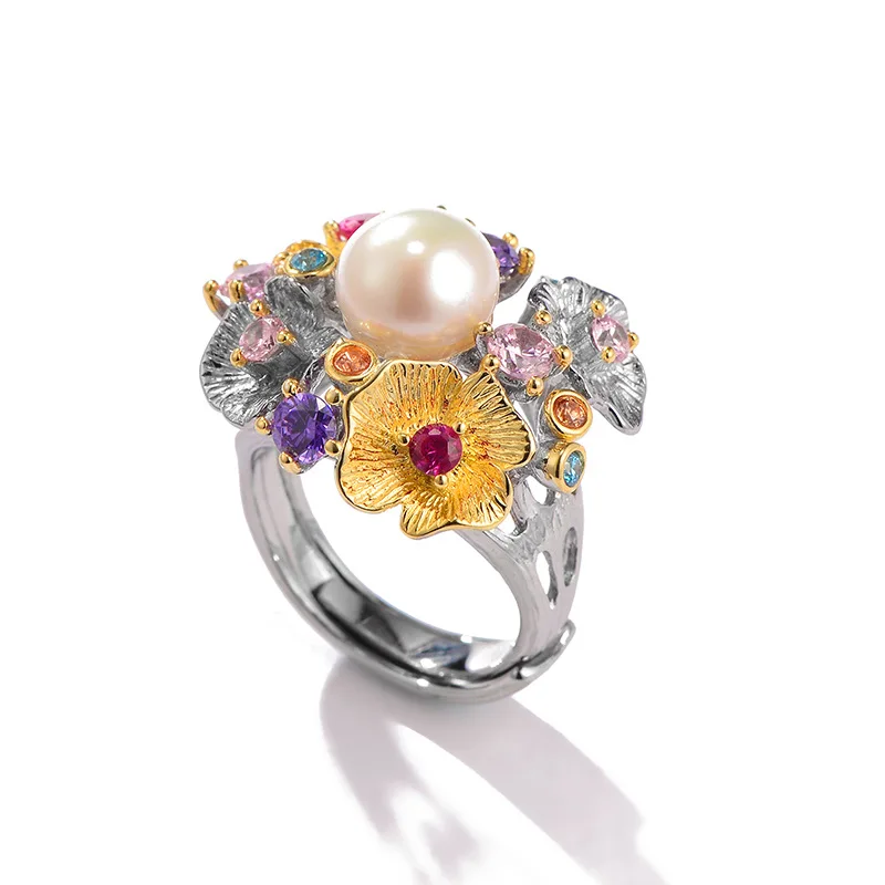 

925 Sterling Silver Rings for Women Flower 925S Adjustable Pearl Rings Women Colorful Cubic Zirconia 925 Sterling Silver Ring