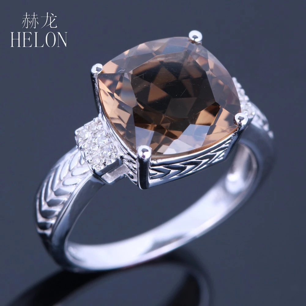 

HELON 4.78ct Cushion Smokey Quartz Ring Solid 10K White Gold SI/H Diamonds Ring Women Engagement Wedding Party Gift Fine Jewelry