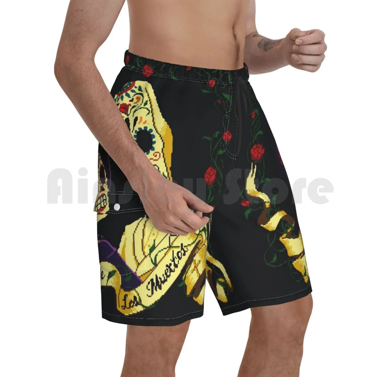 

Dia De Los Muertos Beach Shorts Men Beach Pants Swim Trunks Grim Fandango Manny Skeleton Calavera Game Games Old