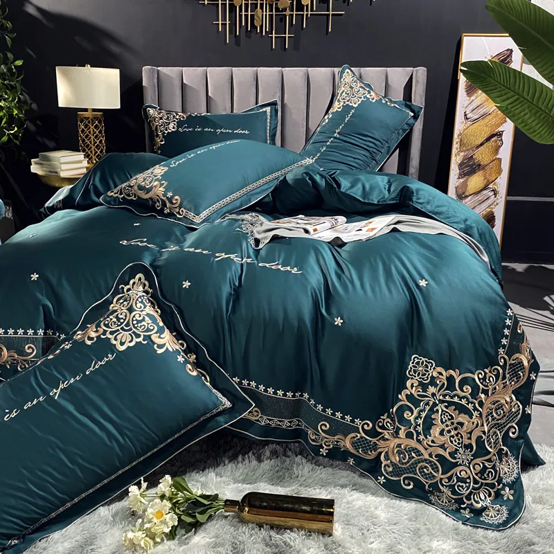 Элегантное постельное белье с вышивкой Синий Комплект постельного белья