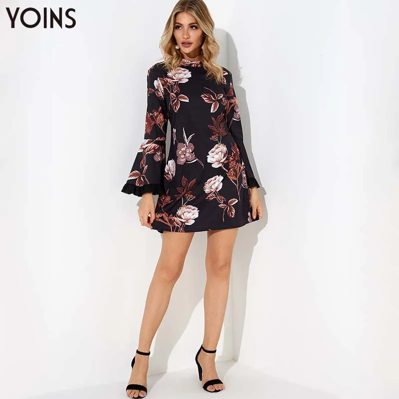 YOINS цветочные платья с воротником стойкой и рукавом колокольчиком высокой талией