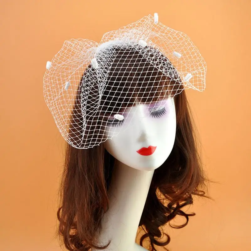 Womens Vinrage Elegant Wedding Fascinator Fishnet Mesh Veil Large Hole Small Plush Wave Point Solid Color Hair Clip |
