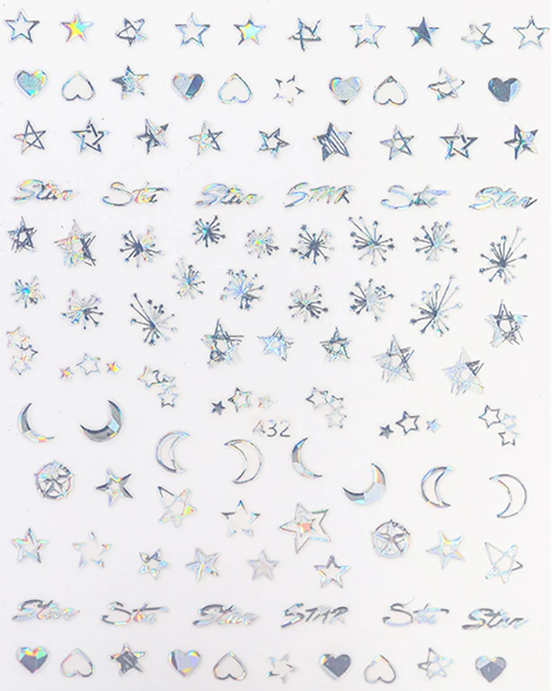 

11pcs/set INS Nail Sticker Star Moon Heart Geometry Pattern Nail Art Manicure DIY Nail Decal Laser Silver Gold 429#-439#