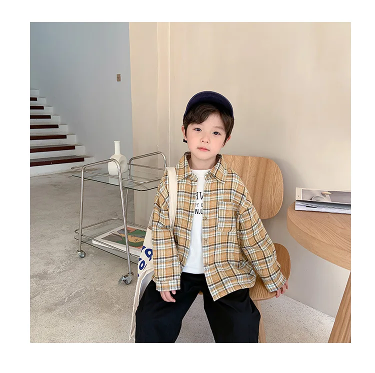 

Детская хлопковая рубашка для мальчиков, одежда на весну и осень с длинными рукавами, топ с лацканами в иностранном стиле, 2022, Детская клетча...