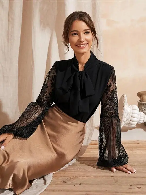 Сетчатая прошитая рубашка с буфами на рукавах пышными рукавами корейская модная