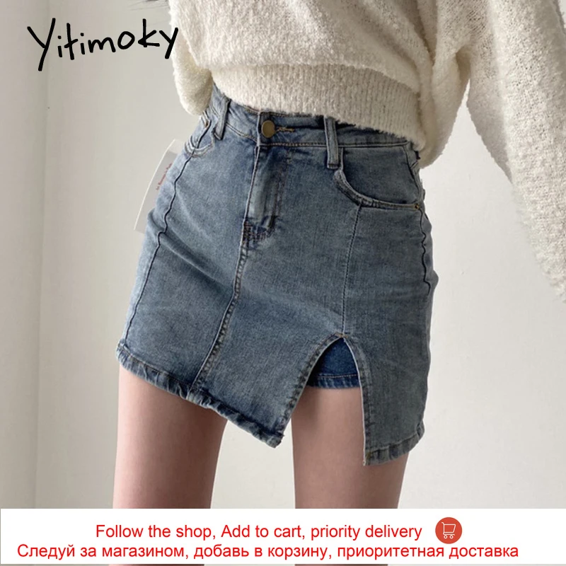

Yitimoky Blue Side Split Denim Skirt Women High Waist Mini 2021 Summer Casual Korean Vintage Fashion Hot Sale