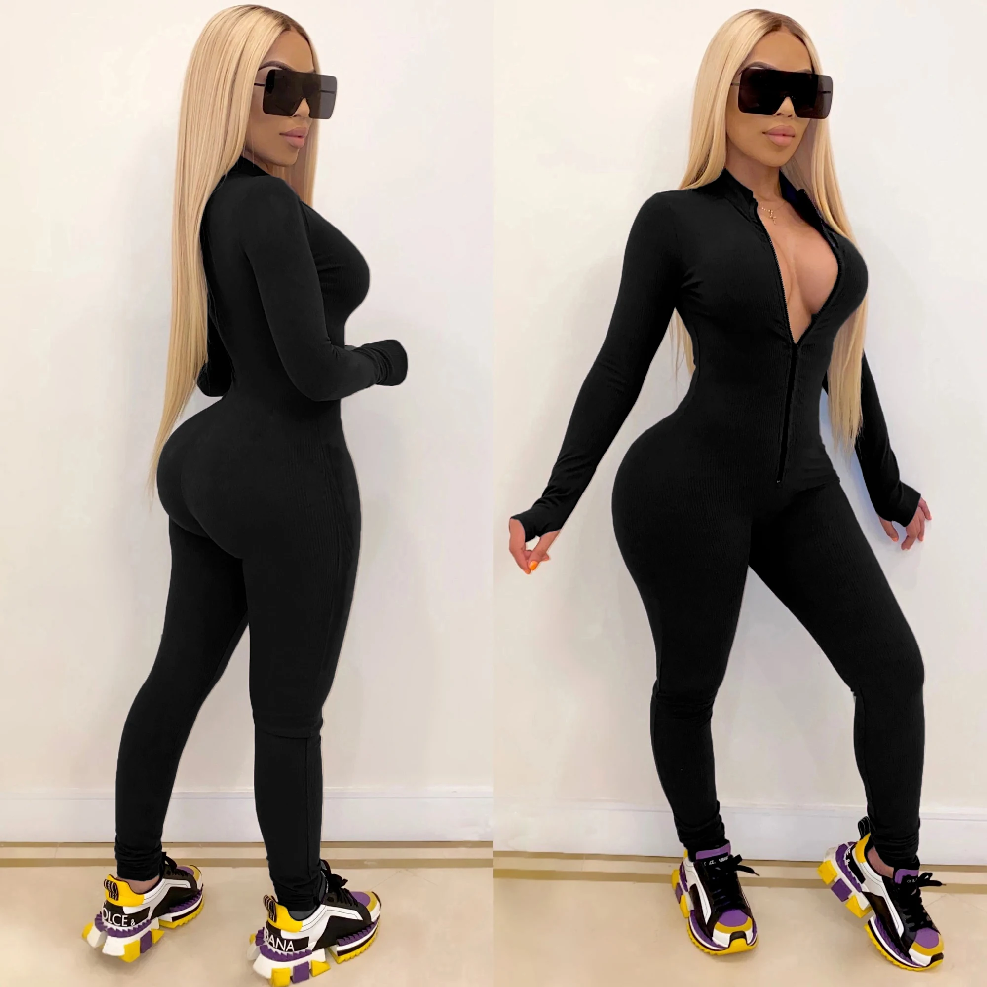 

2021 New Style Women Solid Color One Piece Jumpsuit Ladies Zipper Front Long Sleeve Fitness Rompers Playsuits