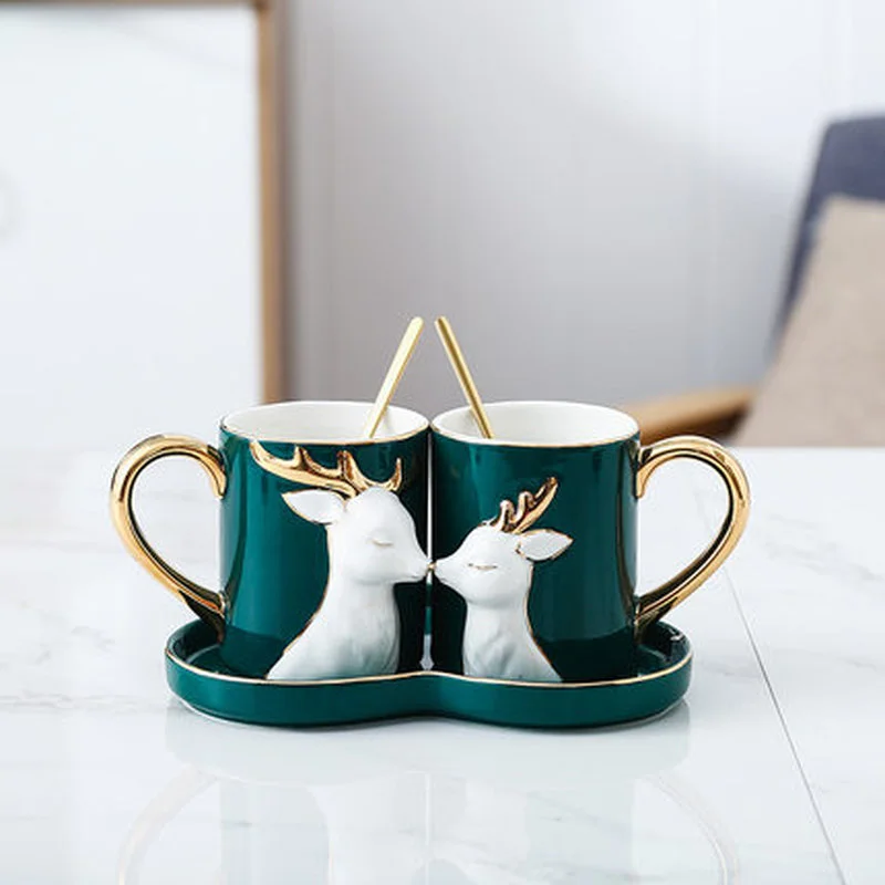 

2Pcs/Set Creative Ceramic Couple Cup Love Mug with Spoon Tray Lid Valentine's Day Wedding Birthday Gifts With Gift Box