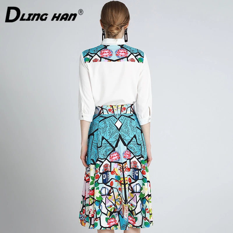 

DLINGHAN Fashion Print Sets Turn-down Collar Half sleeve shirt Tops + Big swing Skirt Two-piece suit Designer Early autumn New