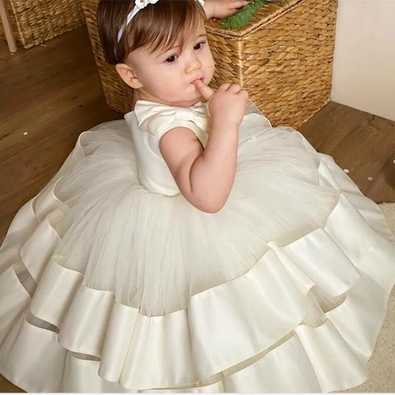 

Pageant Kids Ball Gown Puffy Tiered One Shoulder Stain Baby Birthday Gowns Flower Girl Wedding Dresses with Bow First Communion