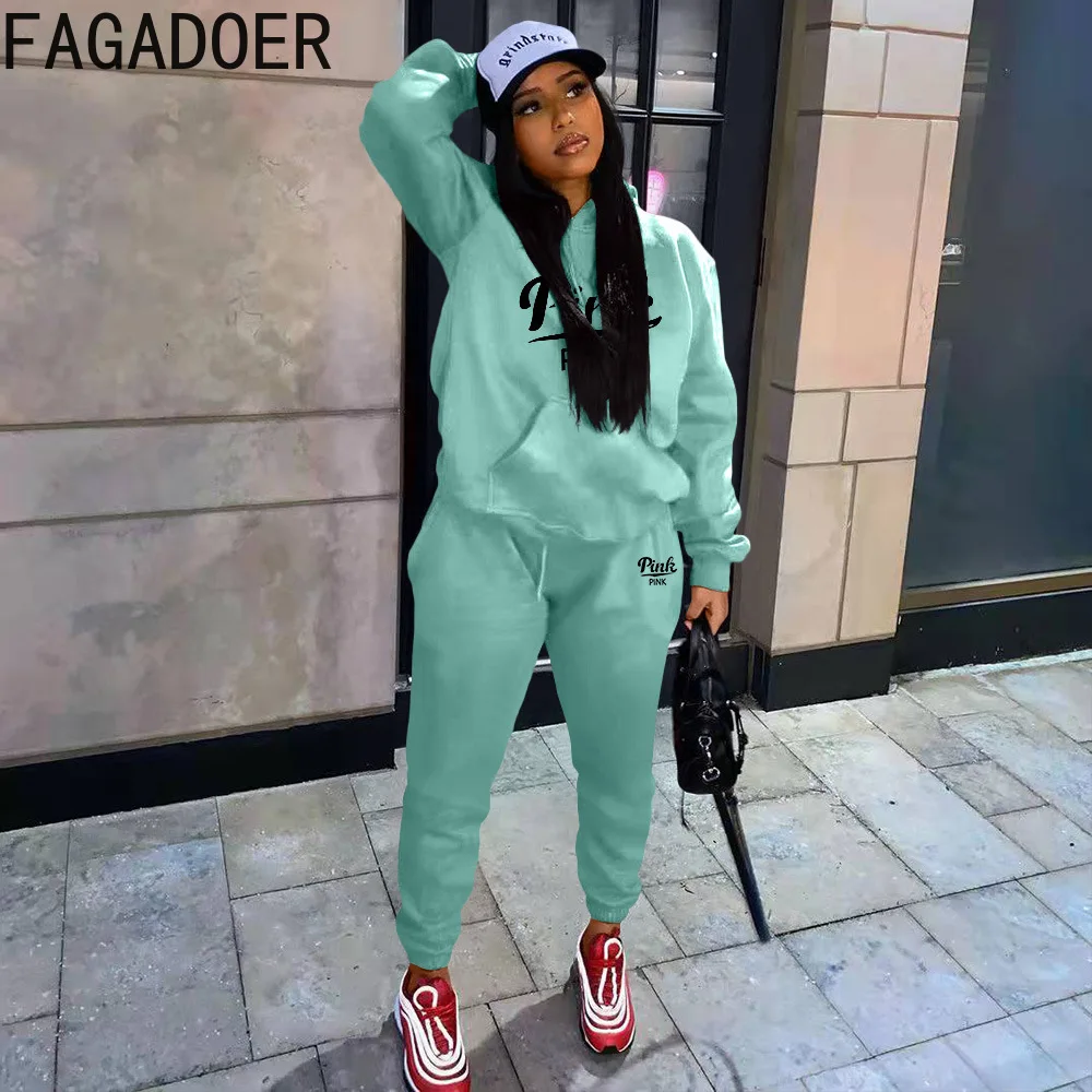 

Модные женские спортивные костюмы с капюшоном FAGADOER, розовые толстовки с надписью и штаны, комплект из двух предметов, женские повседневные ...
