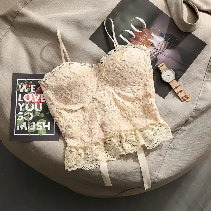 

Summer Women Short Sexy Crop Tops Camisole Tank Lace Ruffle Slim Tight Tube Top Solid Color Bandage Flower Print Sleeveless Vest