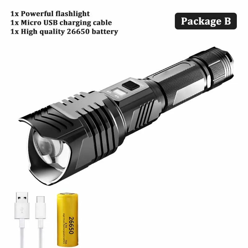 Package B Яркий XHP90 светодиодный фонарь высокой мощности водонепроницаемый тактический фонарь с зумом с USB входом и выходной функцией походная охотничья лампа - Испускаемый цвет: Package B
