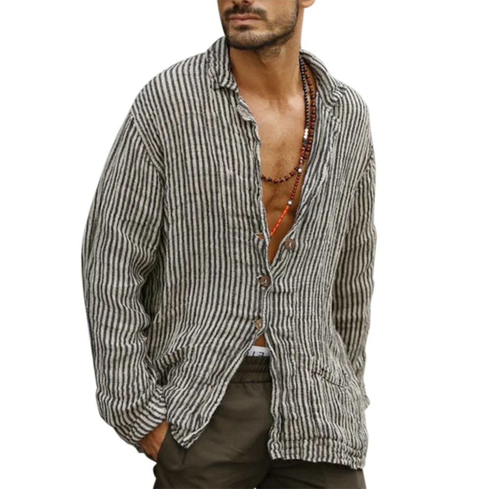

Men's Shirts Casual Striped Buttons Up Tops Gentleman Autumn Loose Blouse Shirt Men Clothing Long Sleeve Tops