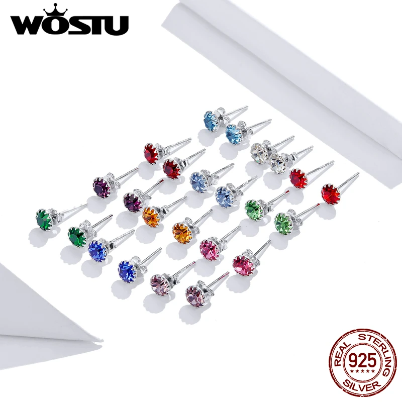 WOSTU 100% 925 Sterling Silver 12 Color Birthstone Small Stud Earrings For Women Wedding Tiny Zircon Jewelry DXE862 | Украшения и