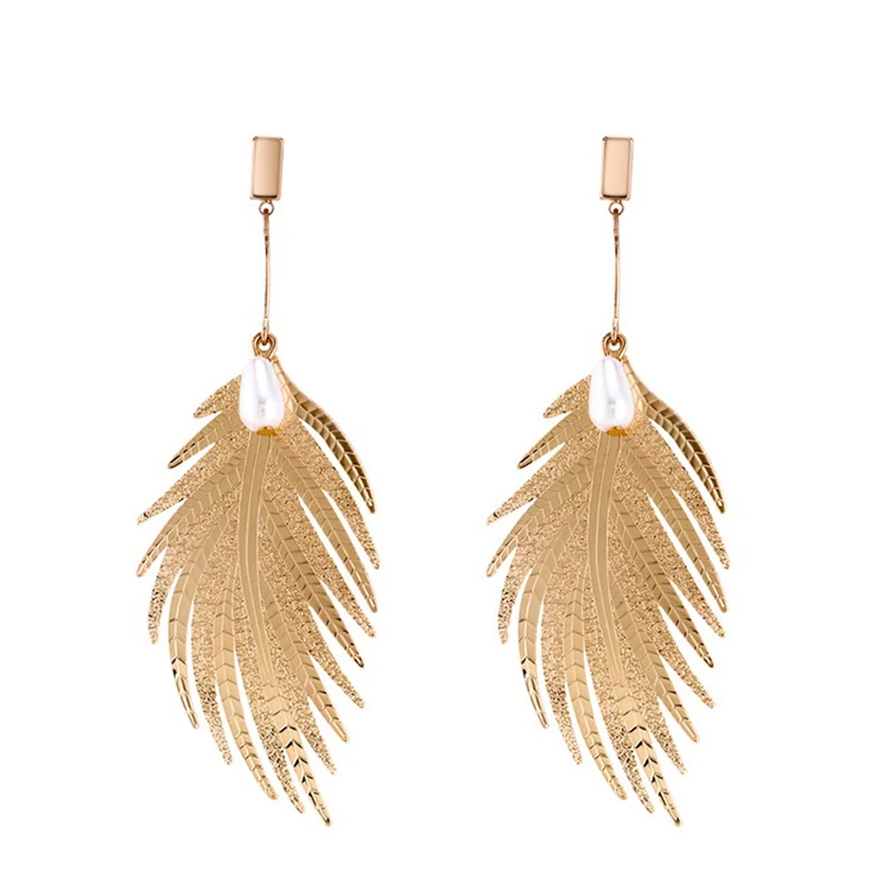 

New jewelry exaggerated fashion metal feather long earrings Mori fairy creative accessories