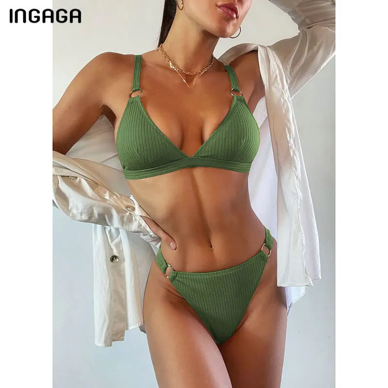 Бикини женское в рубчик со средней талией с эффектом пуш-ап лето 2021 | Женская