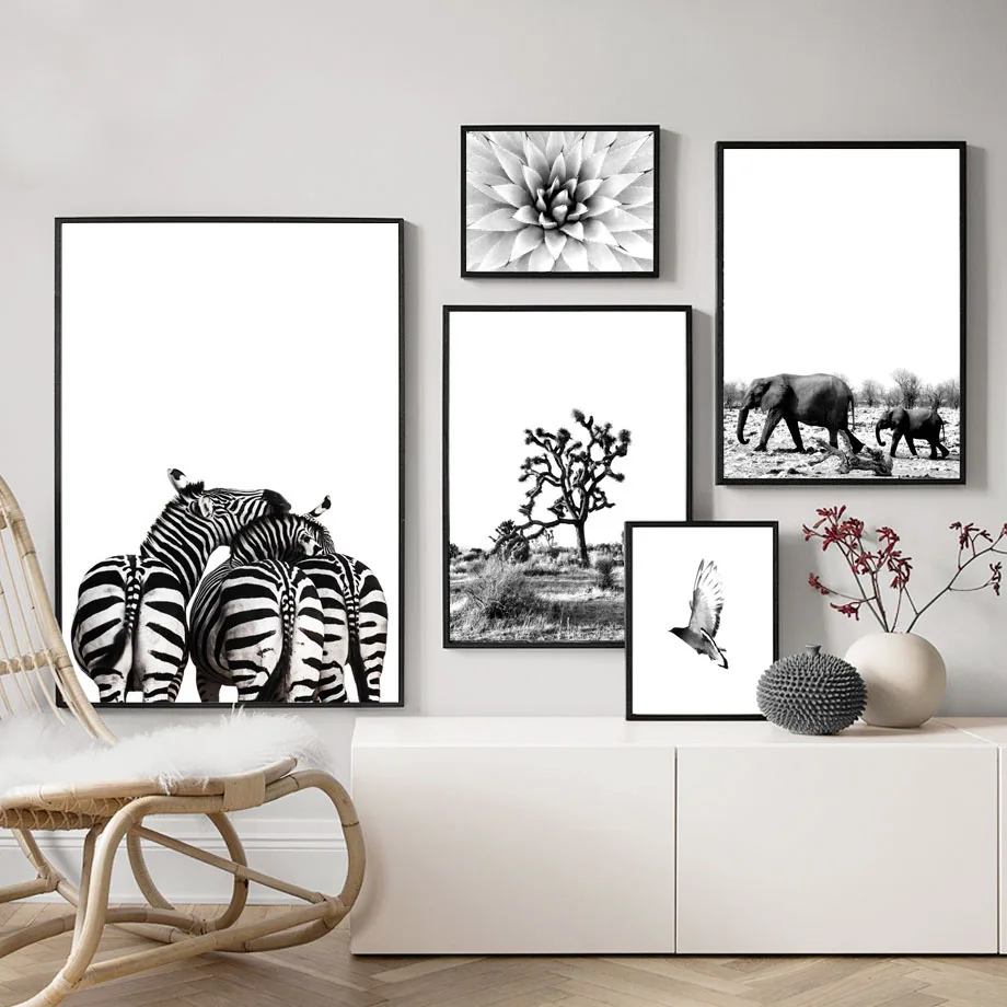 

Zebra Elephant Bird Flower Africa Black White Animal Posters And Prints For Living Room Wall Art Canvas Painting Wall Pictures