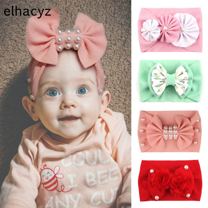 2021 na moda bebê grande arco bandana pérola flor turbante meninas tecido elástico faixa de cabelo para crianças headwrap crianças acessórios para o cabelo (0)