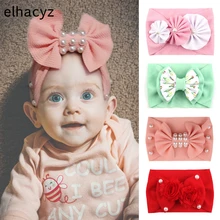 Diadema con lazo grande para bebé, turbante de flores y perlas, banda elástica para el pelo para niña, accesorios para el cabello para niña 2021 (3)