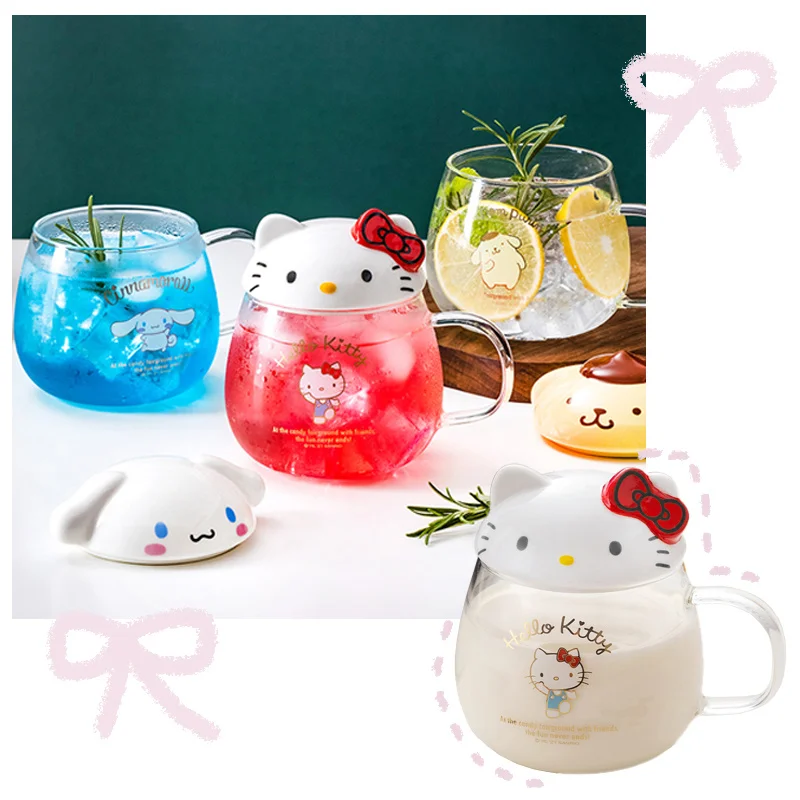 Kawaii Cartoon Printed Glass KTcat Cinnamoroll Purin Dog Anime Figures Milk Glass with Lid Afternoon Tea Cup Bring A Spoon Gift