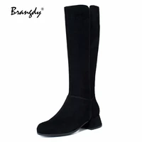 brangdy morden winter women knee hight boots genuine leather concise women shoes round toe zipper women winter boots fur sewing