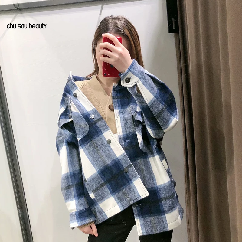 

Plaid Overshirt Wool Blend Jacket Check Lapel Collar Long Sleeve Coat Women Oversized Pockets With Flaps Button Jackets TopsC211