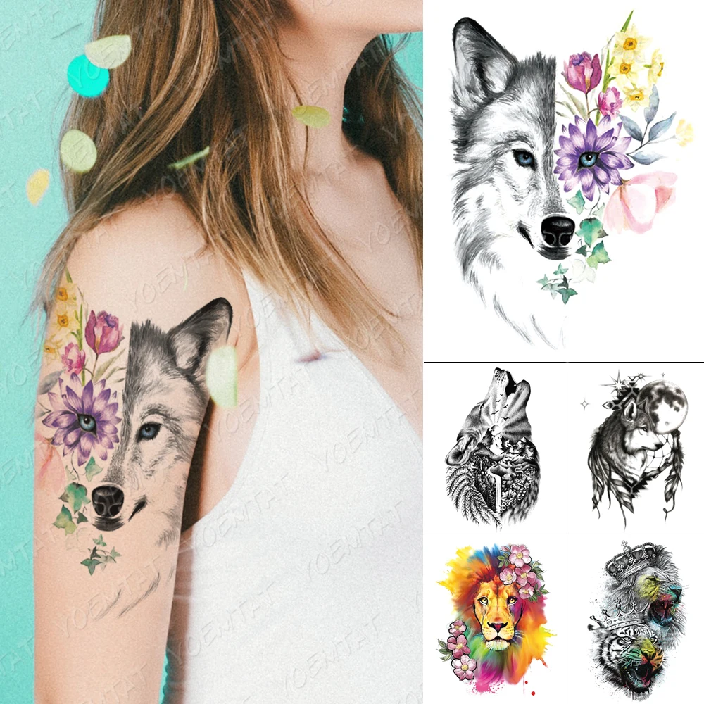 

Waterproof Temporary Tattoo Stickers Wolf Lion Tiger Rose Peony Flower Star Color Flash Tattoos Female Body Art Fake Tatoo Male