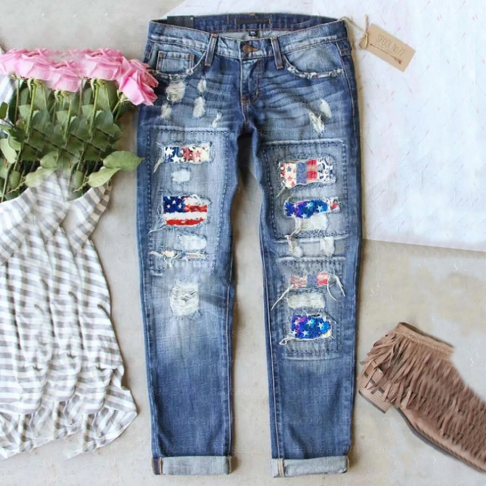 

Hot Sale Women Denim Jeans Fashion Stretch Ripped Broken Holes Jeans Ladies Oversize Skinny Full Length Pencil Pant y2k Vaqueros