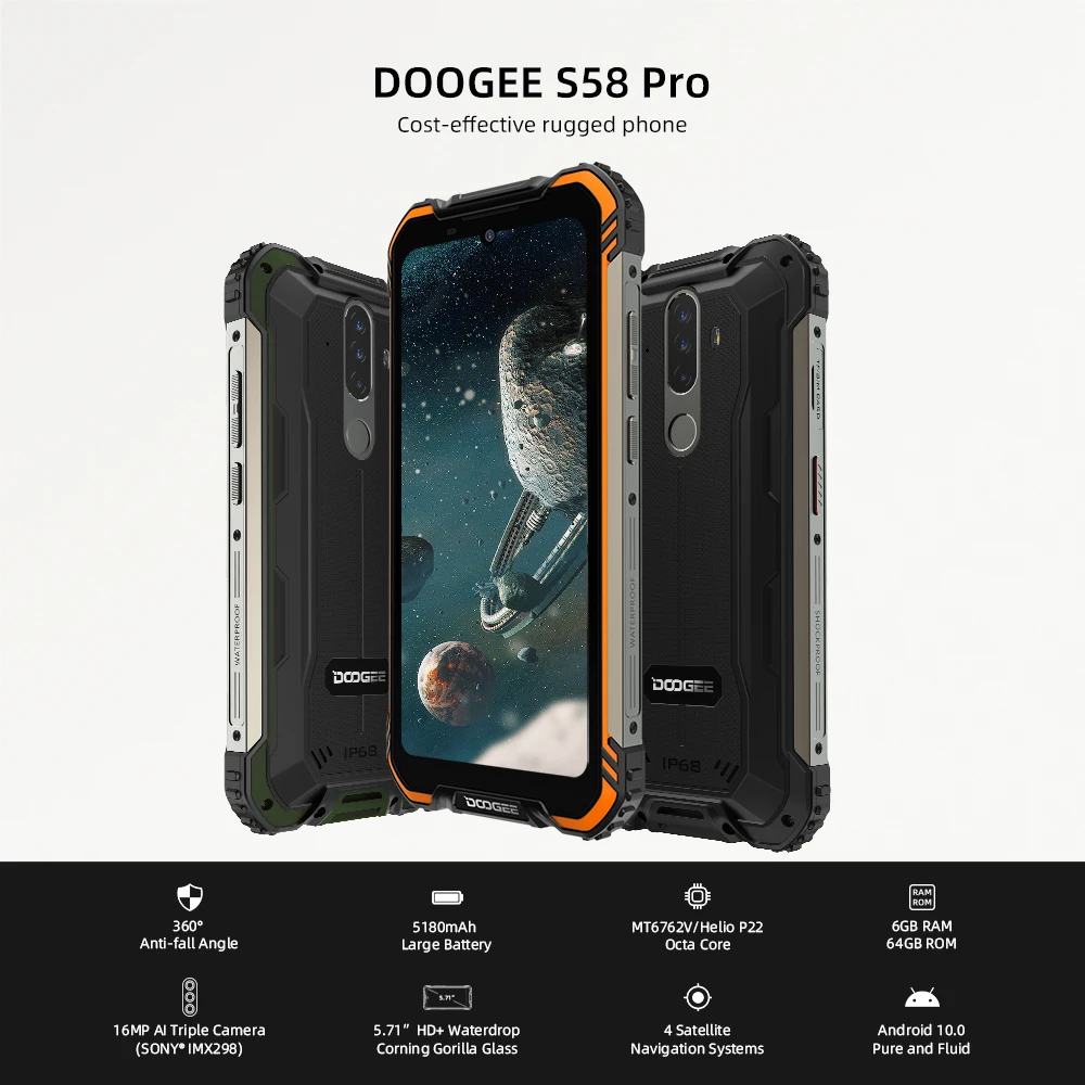 Смартфон DOOGEE S58 Pro 6 ГБ + 64 Гб IP68/IP69K Водонепроницаемый прочный 5180 мАч 5 71 &quotHD Дисплей