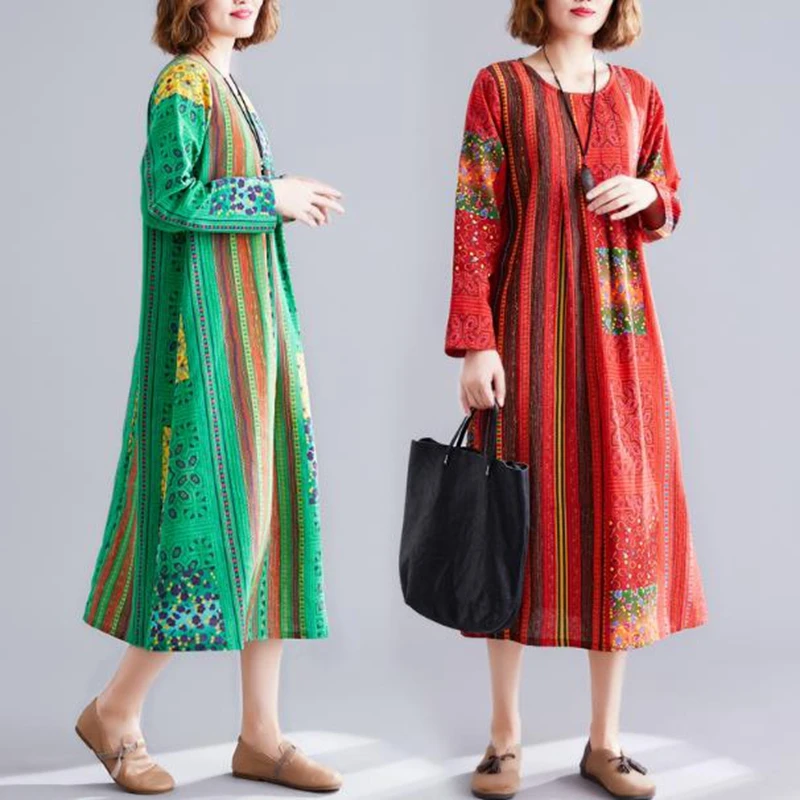 2020 осеннее хлопковое конопляное облегающее длинное платье с принтом в