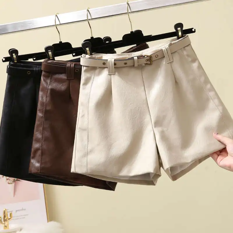 

PU Leather Shorts For Women New Autumn Winter Loose Casual Apricot Black Faux Leather Sexy Wide-Leg Biker Shorts With Belt C6699