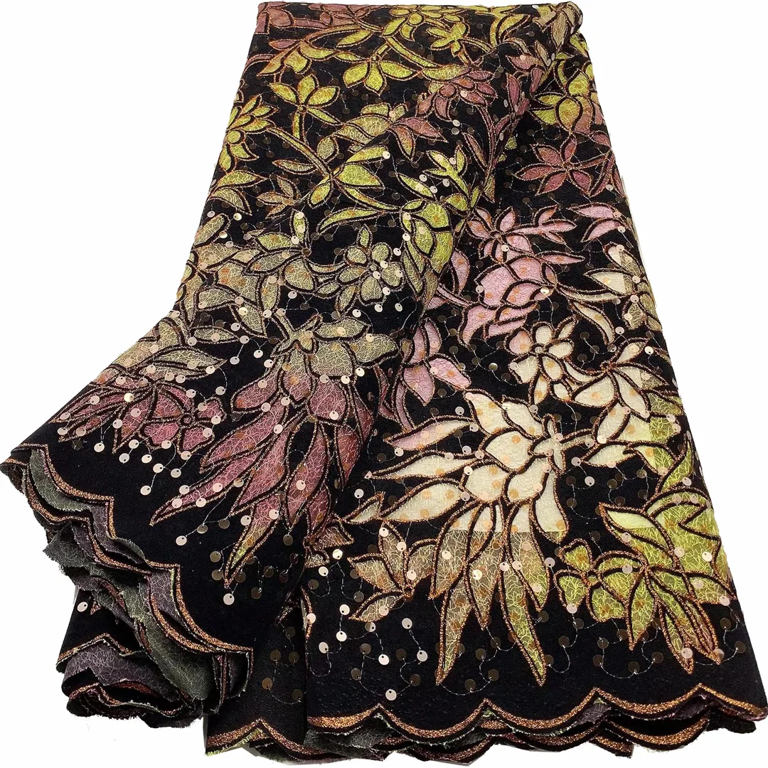 

Embroidered Handcut Flocking Velvet Lace With Sequins Rocking Appliques African French Mesh Tulle Fabric Occasional Wear 5 Yards