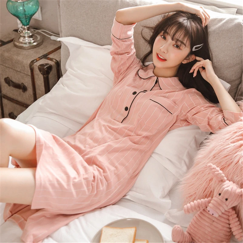 

Lapel nightdress female spring autumn Korean cotton loose large size thin home service cardigan striped shirt skirt nightgown