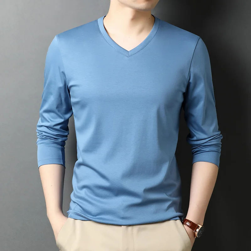 

Мужская хлопковая футболка с V-образным вырезом, длинным рукавом